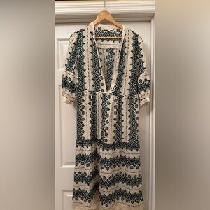 Fig and Flower Cream Dress with Green Floral Patterns Boho Size Large